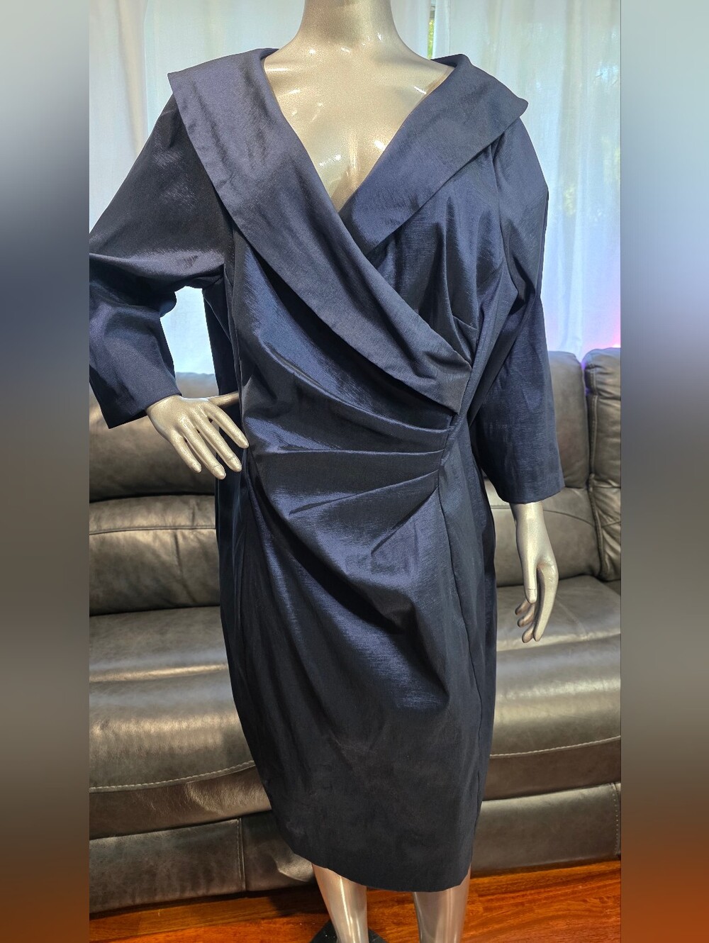 Alex Evenings Size 20W Navy Dress Empire Waist Ruche Prom Evening Cocktail MOB